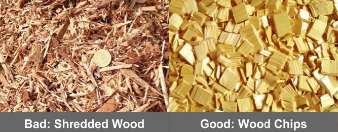 Side by side comparioson of Bad: Shredded Wood and Good: Wood Chips