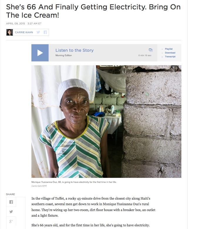 screenshot of NPR story: She's 66 And Finally Getting Electricity. Bring On The Ice Cream!