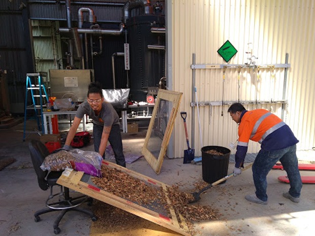 two workers sift biomass