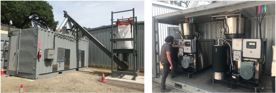 two up images showing exterior of micro grid container with feedstock feed system on left and interior with 2 PP30 Powerpallets