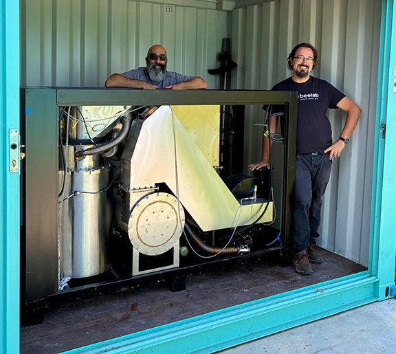 CharPallet in container with two researchers