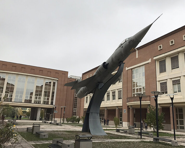 Enzo Ferrari Dept of Engineering with fighter jet display in courtyard